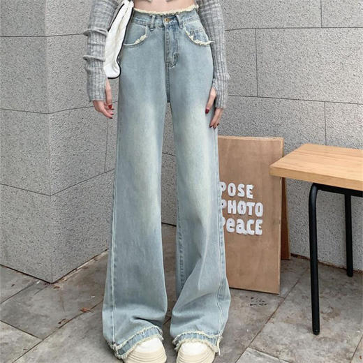 毛边设计感浅蓝色牛仔裤女秋季2024新款复古高腰显瘦阔腿直筒裤子 商品图1