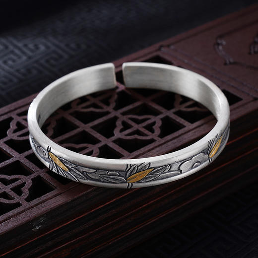 子佩集S999银【气若双竹】手镯【YS034】纯银手镯仿古带金色嵌真金2408 商品图3