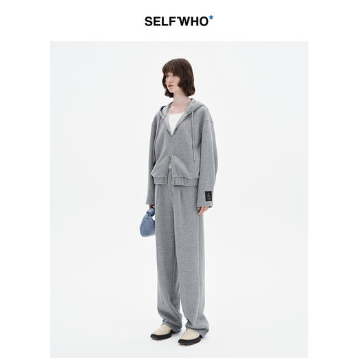 SELFWHO纯色连帽卫衣外套女2024秋季新款双拉链开衫简约休闲帽衫 商品图1