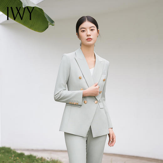 IWY/春秋浅绿色长款职业套装艺考主持人正装通勤干练收腰西装外套C14114+P14114  商品图2