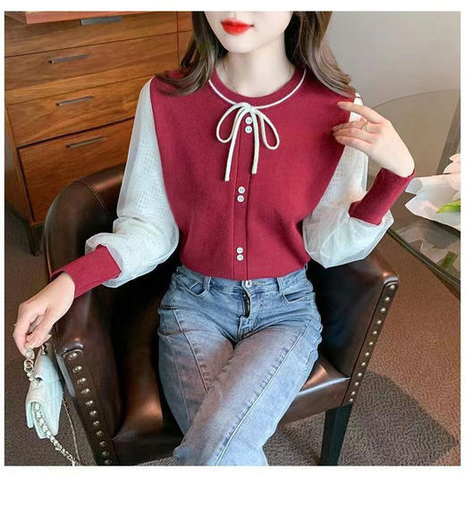 【系带蝴蝶结针织打底衫】春秋装 小香风气质内搭上衣潮流 时尚与优雅结合 商品图0