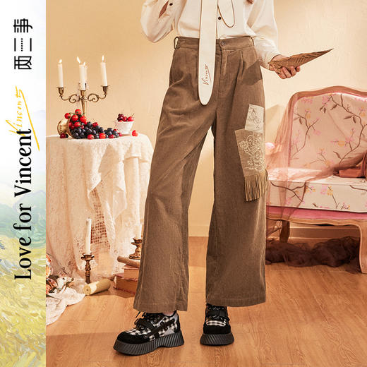 两三事梵高文艺寻光而行2024秋季新款复古刺绣流苏灯芯绒休闲裤女 商品图0