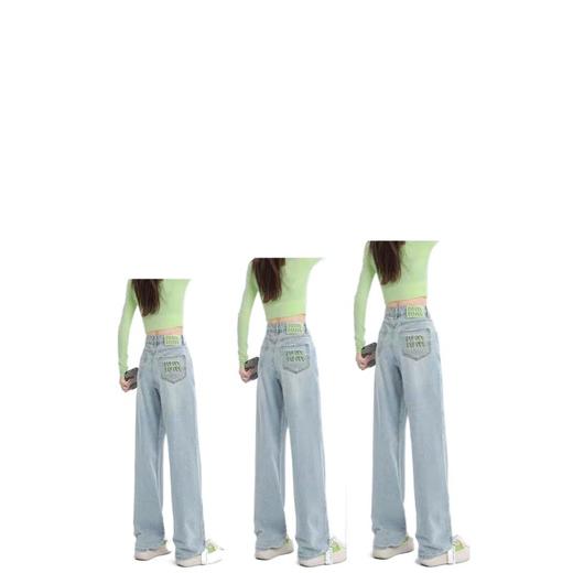 十三行薄荷绿刺绣高腰牛仔裤女2024夏季新款窄版直筒裤子显瘦阔腿 商品图4