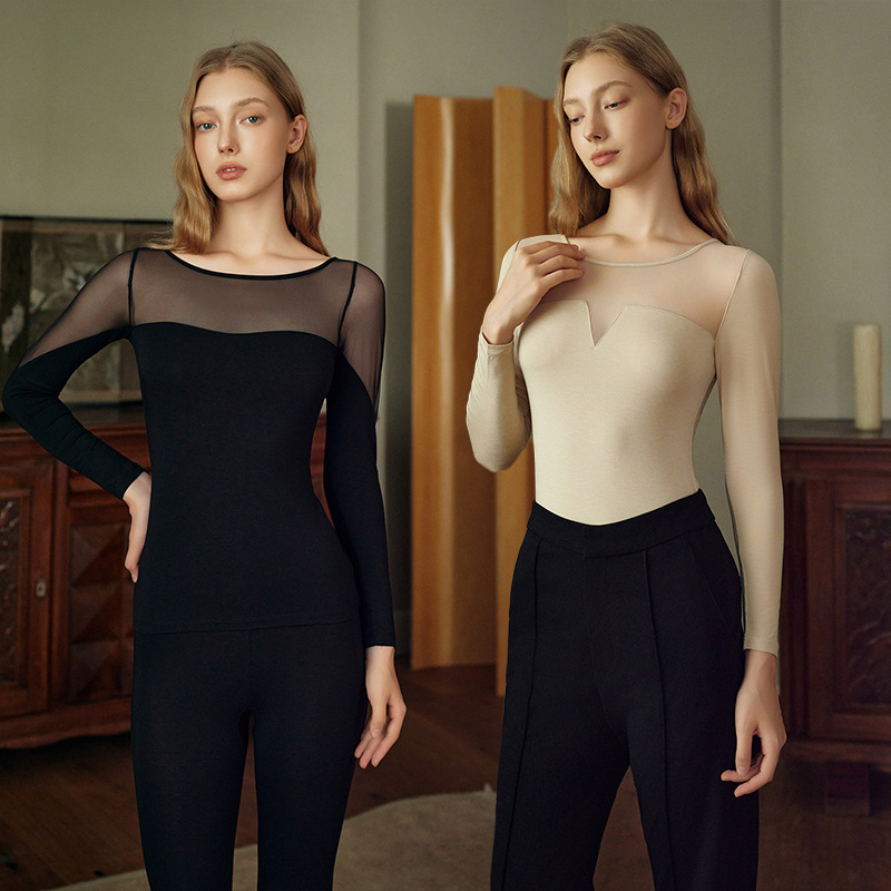 断码捡漏不退换！neiwai秋冬新款薄款 雅致光影网纱保暖内衣女秋衣秋裤 莫代尔弹力打底可外穿可单件购买