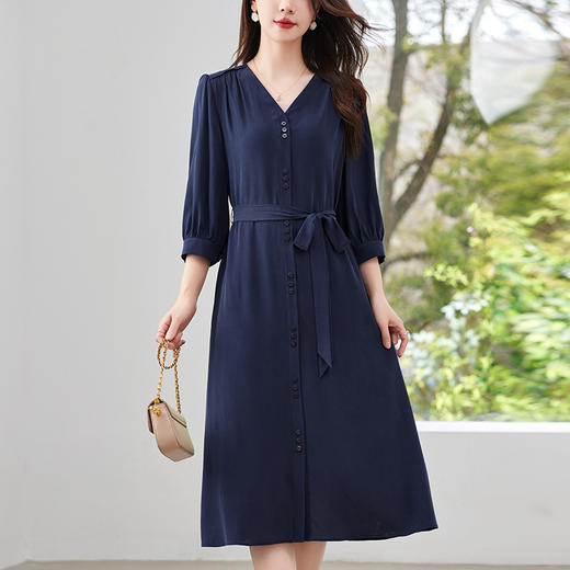 QS-82497380轻奢高端真丝03双绉连衣裙女2024新款夏季V领系带桑蚕丝长裙子 商品图1