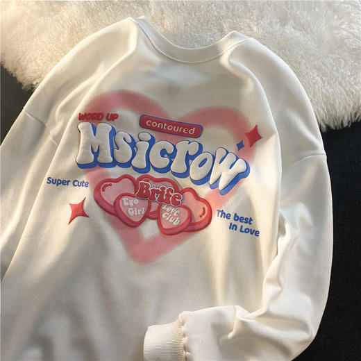 【玫红色卫衣】秋季 爱心印花圆领火龙果色 树莓休闲宽松情侣上衣ins潮 商品图2