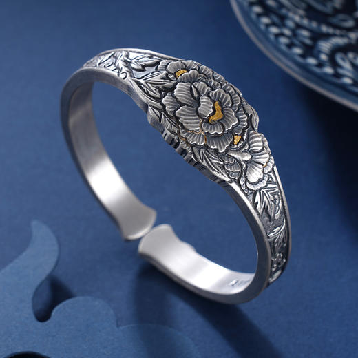 子佩集S999银【牡丹韵】手镯【YS031】纯银手镯仿古带金色嵌真金2408 商品图2