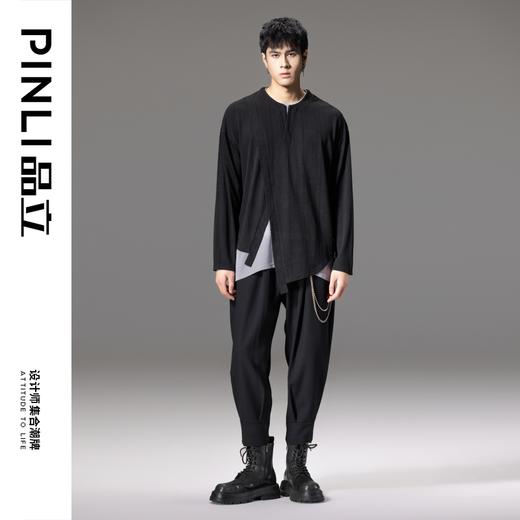 PINLI品立秋季新款撞色假两件长袖T恤潮牌拼接休闲男体恤上衣B243111004 商品图1