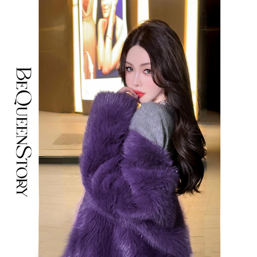 BeQueenStory【紫焰玫瑰】软糯顺滑细闪环保中长款显高直筒V领外套 商品图2