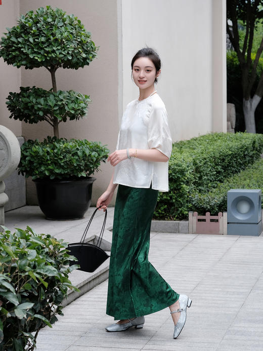 盛唐婧 |石绿中式国风丝毛半身裙 商品图3
