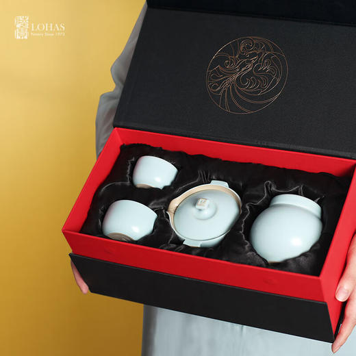 【样品特惠5.5折，仅1套，无货退款】陆宝台湾功夫茶具套装新款家用高档中式喝茶 福运连连 1壶2杯1茶叶罐-天青色 商品图4