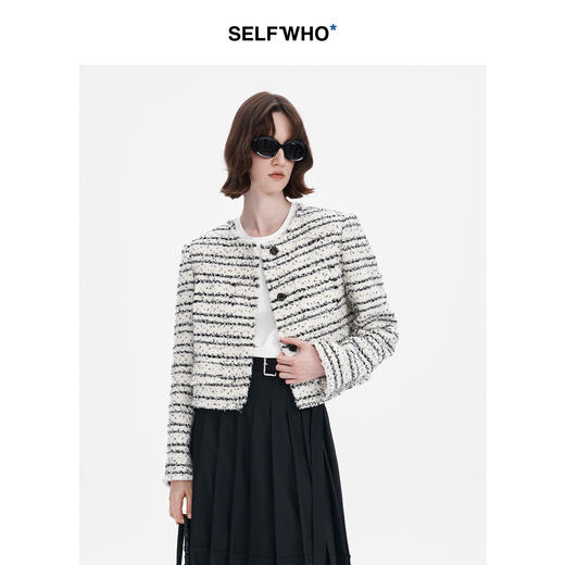 SELFWHO羊毛混纺小香风短外套女2024秋季新款正肩箱型粗花呢开衫 商品图0