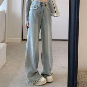 毛边设计感浅蓝色牛仔裤女秋季2024新款复古高腰显瘦阔腿直筒裤子