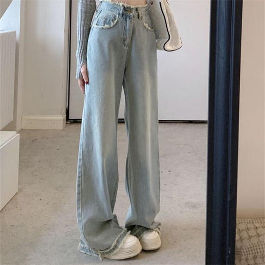 毛边设计感浅蓝色牛仔裤女秋季2024新款复古高腰显瘦阔腿直筒裤子 商品图0