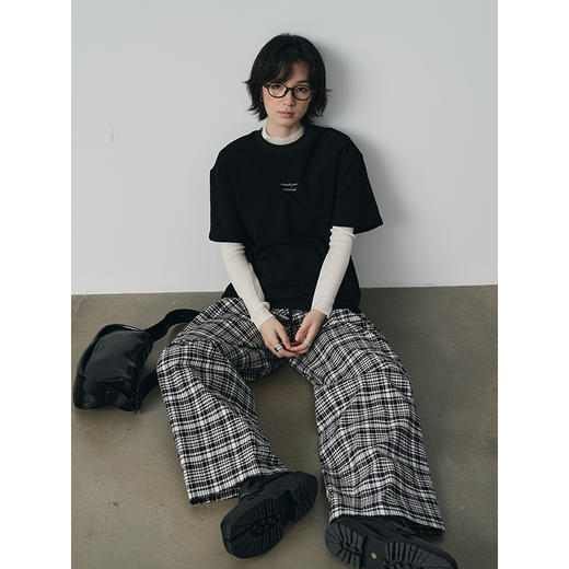 UMILAB【法兰西】100%棉盐缩肌理感 松紧腰抗皱直筒格纹裤P1192H 商品图1