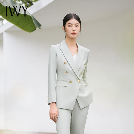 IWY/春秋浅绿色长款职业套装艺考主持人正装通勤干练收腰西装外套C14114+P14114  商品图3