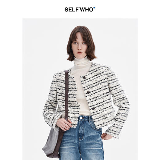 SELFWHO羊毛混纺小香风短外套女2024秋季新款正肩箱型粗花呢开衫 商品图2