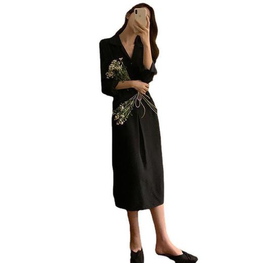 韩国chic简主义 百搭翻领单排扣系带收腰下摆开叉衬衫连衣裙女 商品图4