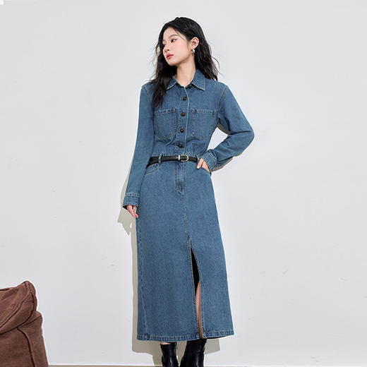 西遇长袖牛仔连衣裙女新款蓝色中长款宽松时尚衬衫裙D3342298 商品图0