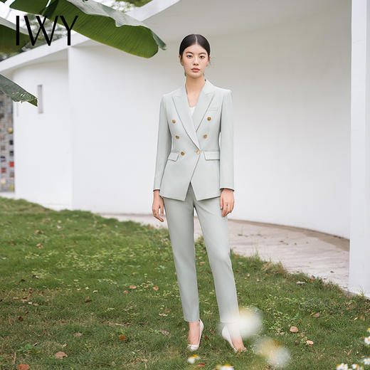 IWY/春秋浅绿色长款职业套装艺考主持人正装通勤干练收腰西装外套C14114+P14114  商品图0
