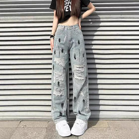 泼墨破洞牛仔裤女新款ins潮高街显瘦遮肉百搭宽松直筒阔腿拖地裤.