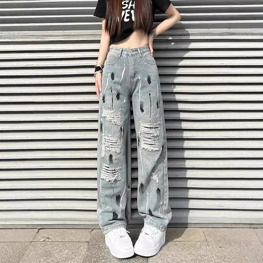 泼墨破洞牛仔裤女新款ins潮高街显瘦遮肉百搭宽松直筒阔腿拖地裤. 商品图0