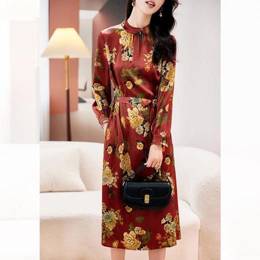 LS-2722真丝连衣裙女2024新款夏长袖印花圆领气质桑蚕丝长裙 商品图1