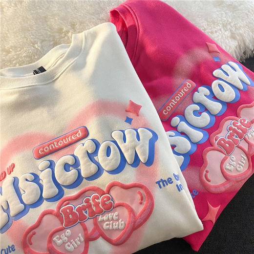 【玫红色卫衣】秋季 爱心印花圆领火龙果色 树莓休闲宽松情侣上衣ins潮 商品图3