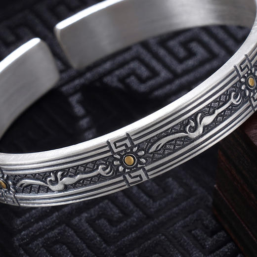 子佩集S999银【山川】手镯【YS032】纯银手镯仿古带金色嵌真金2408 商品图2