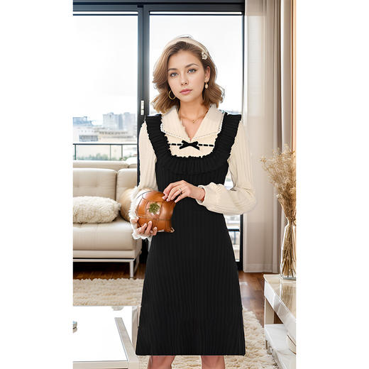 8/20奢姿大码女装2024冬季翻领假两件设计连衣裙胖妹妹蝴蝶结时尚裙子9944891093 商品图1