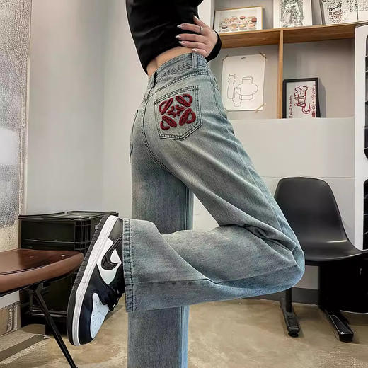 国风刺绣牛仔裤女春秋2024年新款浅色小个子宽松直筒窄版阔腿裤子 商品图1