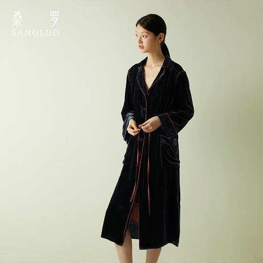 桑罗撞色丝绒睡袍女秋冬新款复古桑蚕丝晨袍简约高级居家服 商品图2