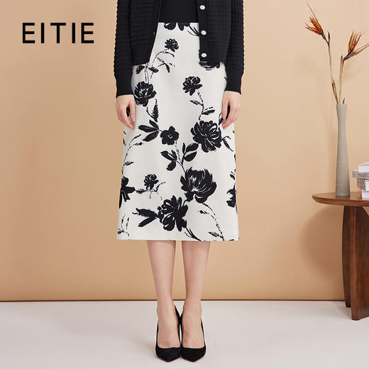 EITIE爱特爱浪漫通勤花卉印花黑白撞色高腰半身裙秋季新款C2406420 商品图1