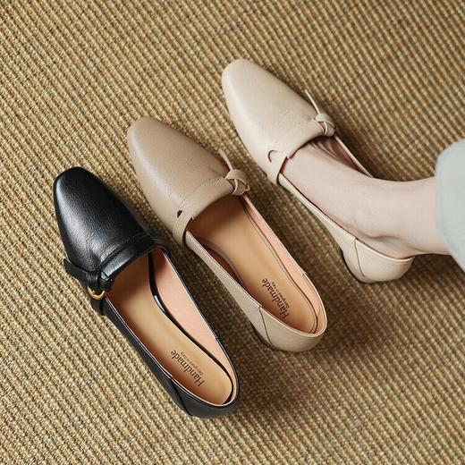 【预售5天】羊皮粗跟单鞋女秋季新款简约方头浅口低跟女鞋LD&6902 商品图3