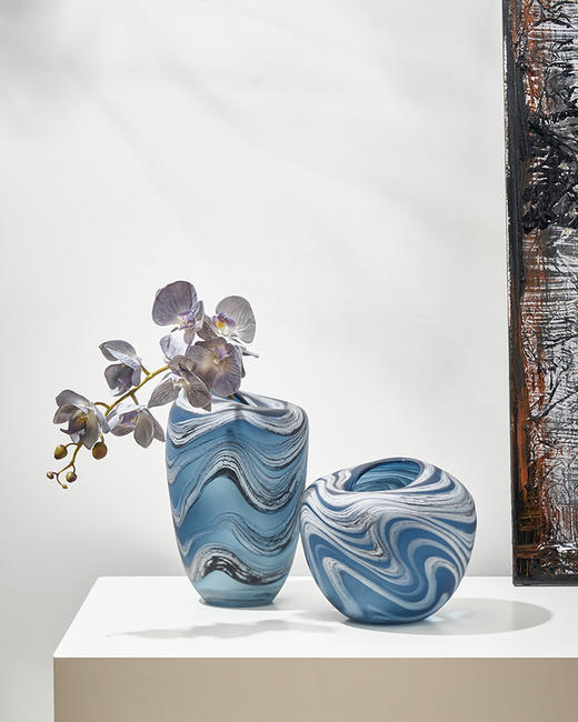 创意北欧简约水波纹蓝色手工玻璃花瓶居家客厅玄关软装瓶果盘批发 商品图13