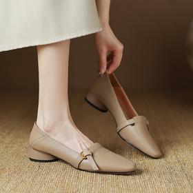 【预售5天】羊皮粗跟单鞋女秋季新款简约方头浅口低跟女鞋LD&6902