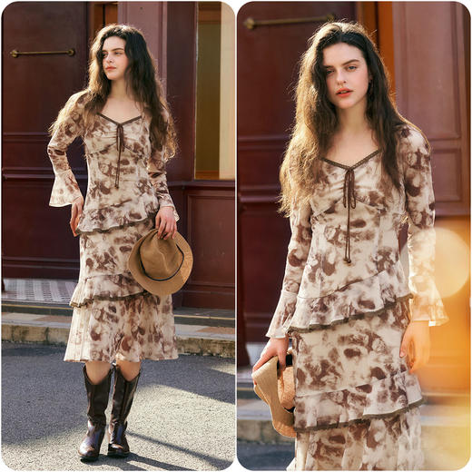 
OLrain欧芮儿法式长袖连衣裙女秋季2024年新款荷叶边晕染V领裙子 商品图1