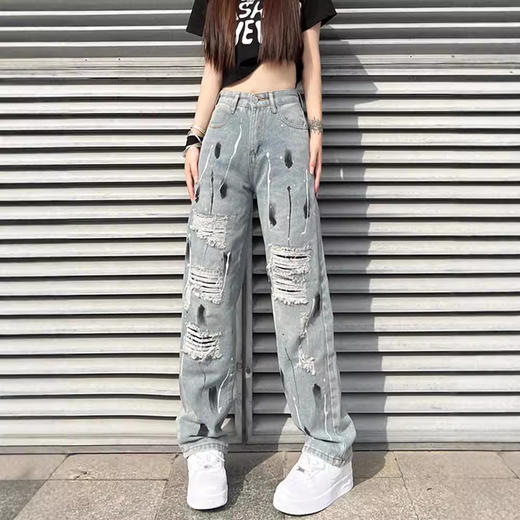 泼墨破洞牛仔裤女新款ins潮高街显瘦遮肉百搭宽松直筒阔腿拖地裤. 商品图1
