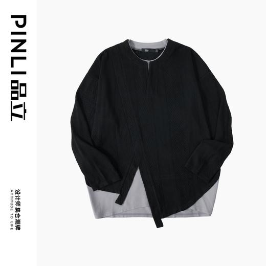 PINLI品立秋季新款撞色假两件长袖T恤潮牌拼接休闲男体恤上衣B243111004 商品图4