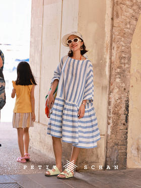 PETIT SCHAN小闪 CLO#565 Variations 变奏曲 色织亚麻法式条纹低腰娃娃裙连衣裙