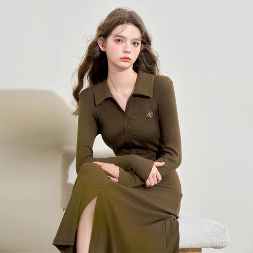 慵懒随性刺绣翻领直筒针织裙女秋季褶皱显瘦长袖连衣裙V3442367 商品图2