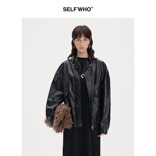 SELFWHO复古美式黑色pu皮衣外套女2024秋季新款小个子设计感夹克 商品图2