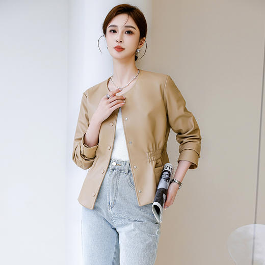丁摩 海宁真皮皮衣女圆领真皮绵羊皮短款收腰外套651 商品图0