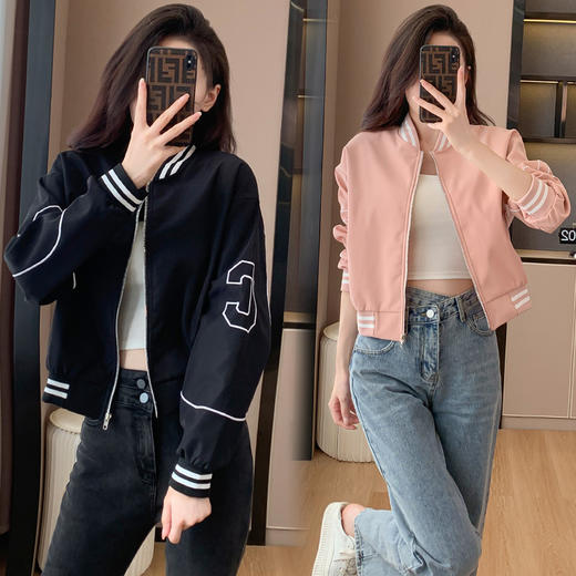 百媚生 棒球服外套女秋季休闲运动短款夹克上衣E245 商品图3
