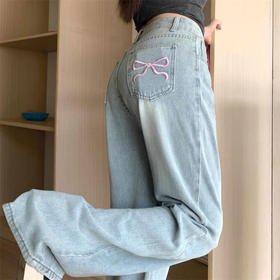 2024夏季新款高腰直筒裤刺绣蝴蝶结阔腿牛仔裤小个子高腰直筒长裤