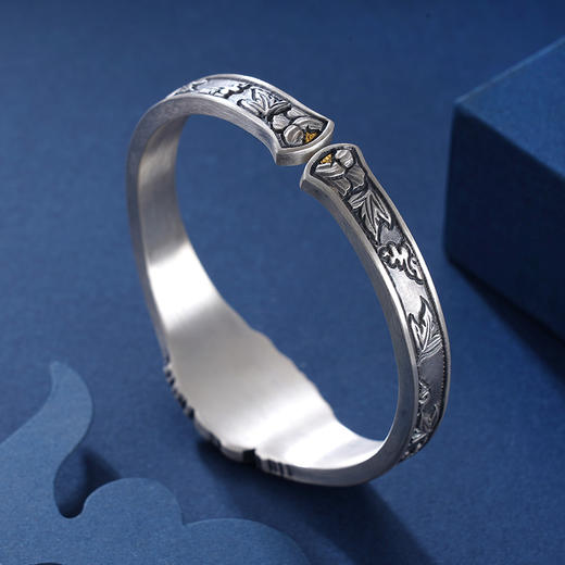子佩集S999银【牡丹韵】手镯【YS031】纯银手镯仿古带金色嵌真金2408 商品图3