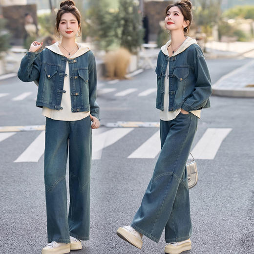 2024秋装新款韩版洋气显瘦减龄休闲连帽卫衣牛仔三件套时尚套装XPHG90 商品图0