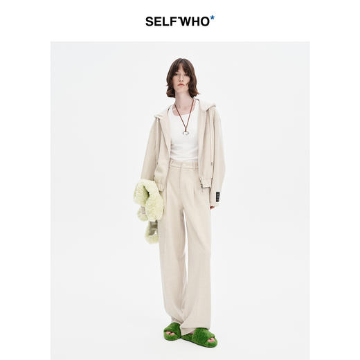 SELFWHO纯色连帽卫衣外套女2024秋季新款双拉链开衫简约休闲帽衫 商品图3