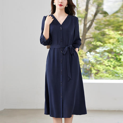 QS-82497380轻奢高端真丝03双绉连衣裙女2024新款夏季V领系带桑蚕丝长裙子 商品图0