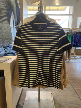 Nautica/诺帝卡 男士夏季棉混纺刺绣小标条纹透气休闲圆领短袖T恤